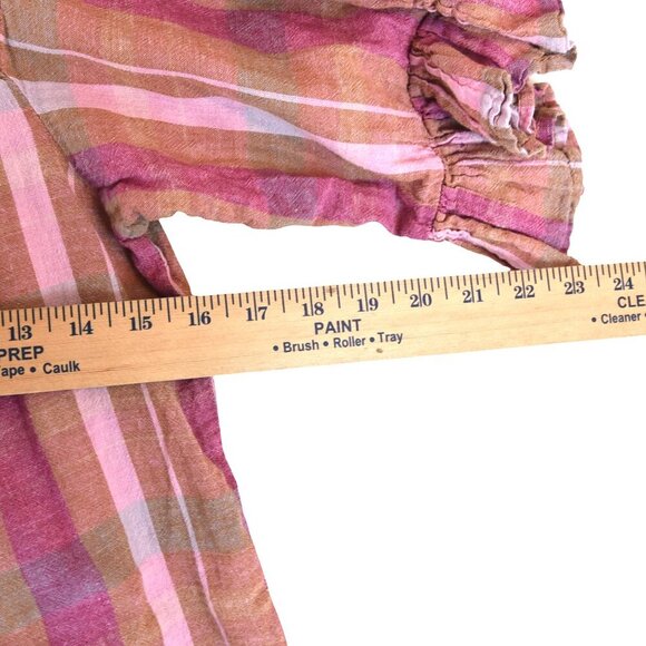 BeachLunchLounge Pink Brown Linen Blouse Square Neck Ruffle Sleeve Cottagecore - Picture 5 of 7